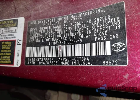 2015 Toyota Camry Se z USA, uszkodzony, nr VIN 4T1BF1FK4FU906719